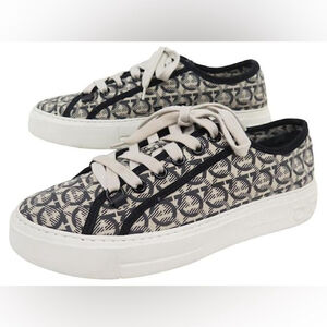 Salvatore Ferragamo Wimbledon Gancini Print Beige Nero Sneakers Shoes Tr…